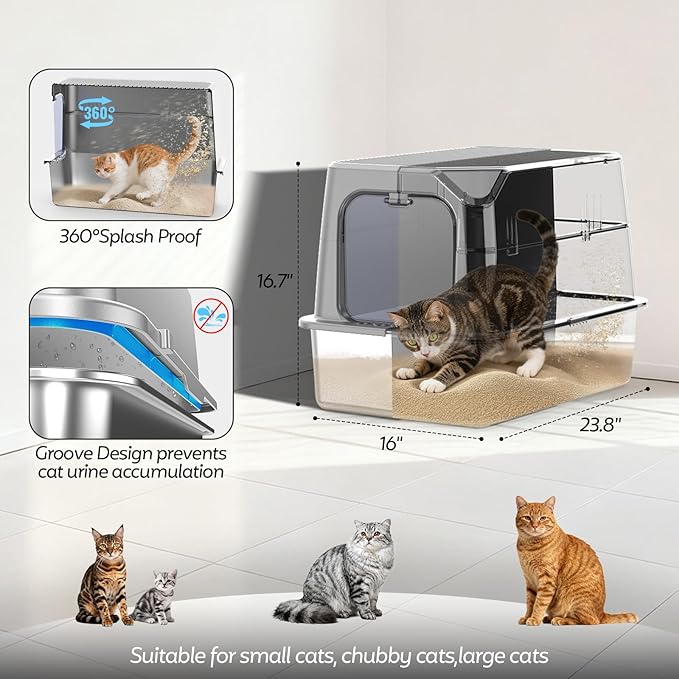 Enclosed Stainless Steel Cat Litter Box with Lid, XL Extra Large Litter Box for Big Cats, Metal Litter Pan High Sided, Never Absorbs Odors, Anti-Urine Leakage, Include Scoop (Light Grey)