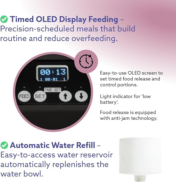 Feeding Friend® Automatic Dog & Cat Food Feeder with Water Dispenser – Smart Pet Feeder with Portion Control, OLED Display, Anti Jam Design, Battery Operated Dispenser for Medium Pets - Black