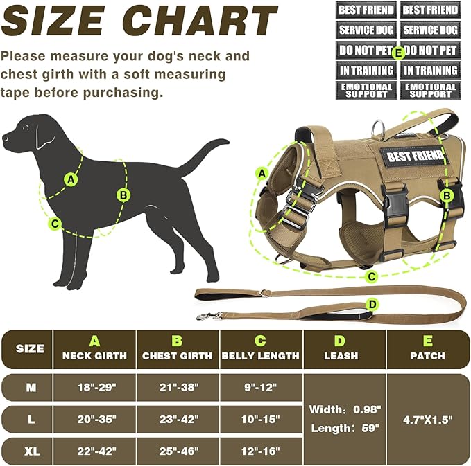Tactical Service Dog Vest Harness and Leash Set,Heavy Duty Dog Harness with Metal Buckles for Large Dogs,Adjustable No Pull Pet Vest with 10 Patches,for Training Working Hiking,Brown XL