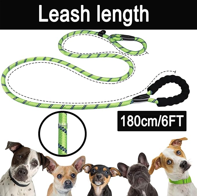 6 FT Dog Leash, Heavy Duty Rope Dog Leashes, Strong Training Dogs Leash with Comfortable Padded Handle and Highly Reflective Threads for Small Medium and Large Dogs, (Green)