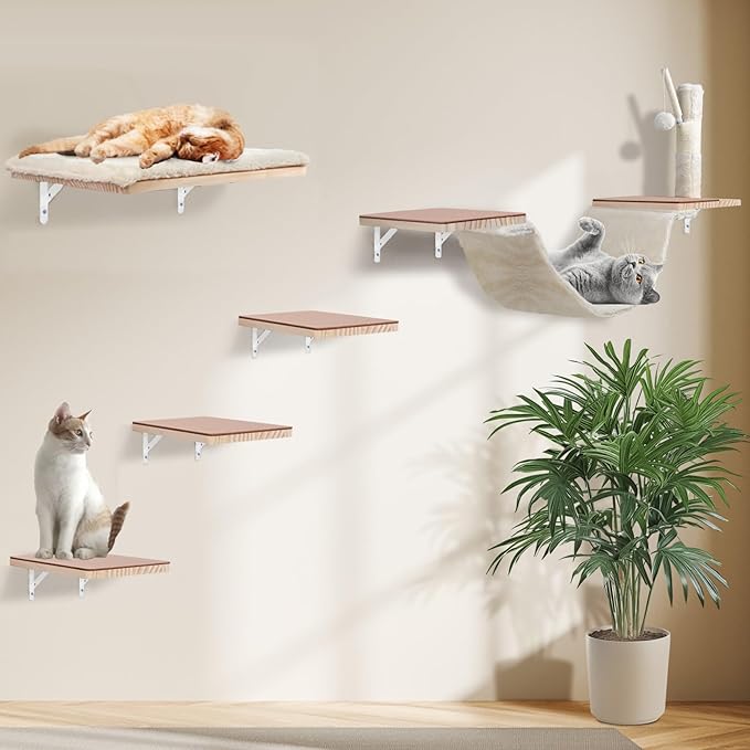 Cat Wall Shelves, Solid Wood Cat Wall Furniture Set, with Cats Bed, Hammock, Felt Ladder, Sisal Scratching Post & Ball (Beige)