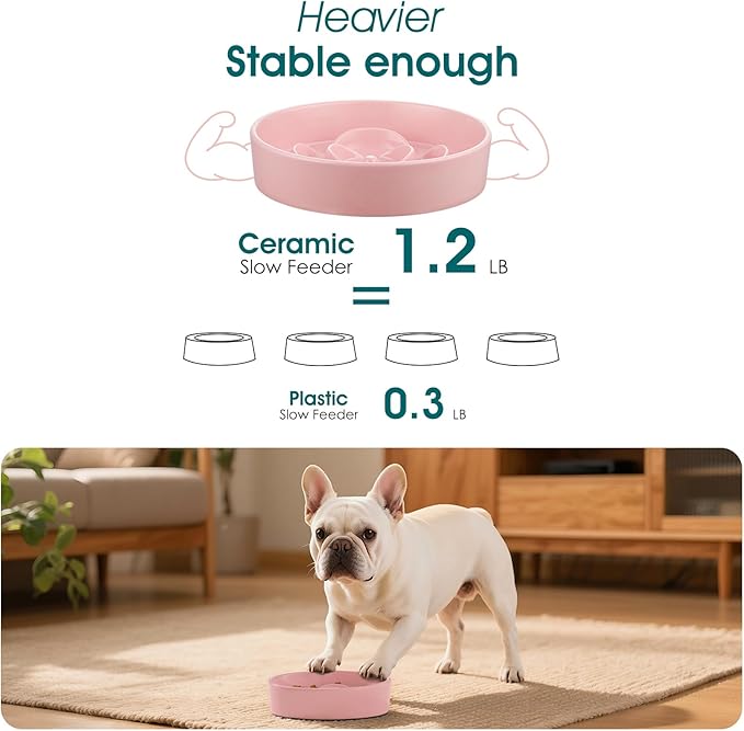 vancasso Slow Feeder Dog Bowl, 0.6 Cups Ceramic Dog Food Dish for Fast Eaters Small Breed, Puzzle Bowl for Small Dogs and Cats, Pink