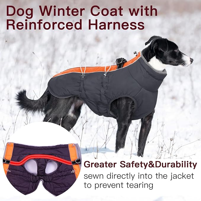 Dog Winter Jacket - Large, Warm Zip Up Snowsuit Dog Harness Vest, Reflective, Water-Resistant, Orange-Gray