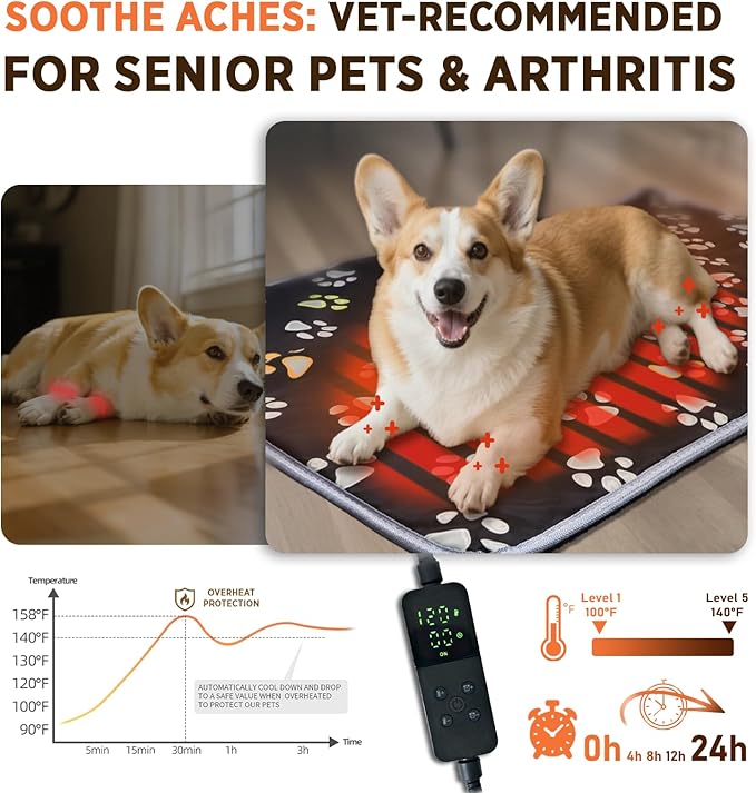 furrybaby Pet Heating Pad, Waterproof Dog Heating Pad Mat for Cat with Durable Anti-Bite Tube Indoor for Puppies Dogs Cats (1 Pack Black, Round 12in, Temp Adjustable)