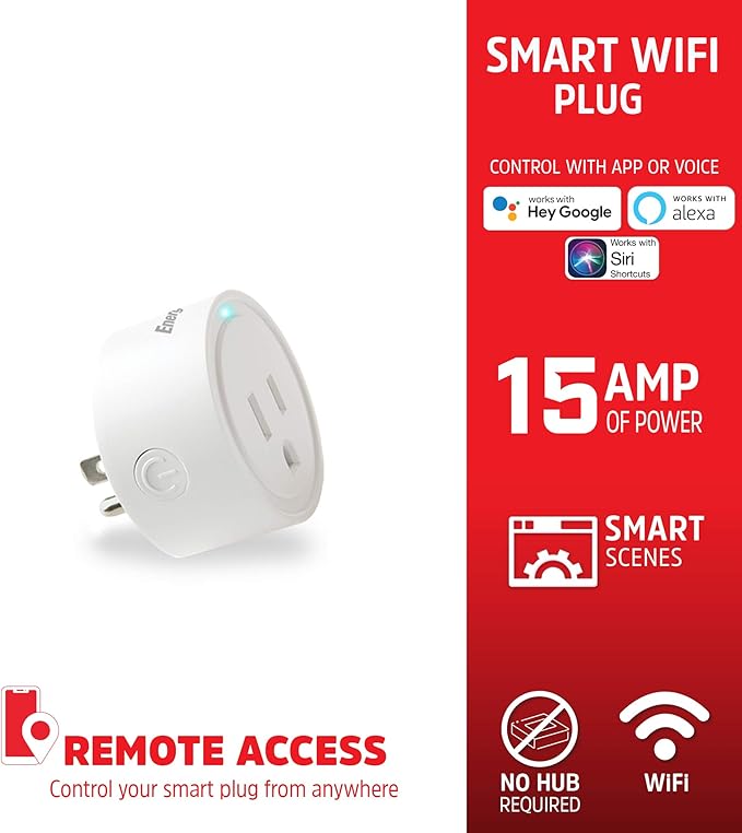 Energizer Connect Smart WiFi Plug, Mobile Connect App Enabled, Voice Controlled, Alexa, Echo, Siri, Hey Google Enabled, No Hub Required, Mini Outlet 15-Watt, 2.4GHz, ETL & FCC Certified