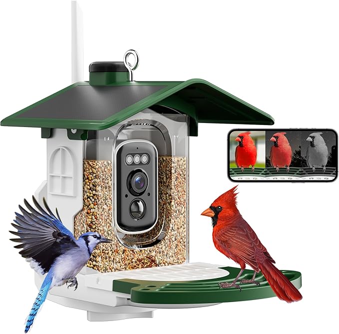 Smart Bird Feeder with Camera Solar Powered - AI Bird Identification, 2.4Ghz WiFi, 2K HD Video Live Stream Camera, 3MP Photos, 2.9in Focus, Gifts for Mom Dad Birdlovers, Green