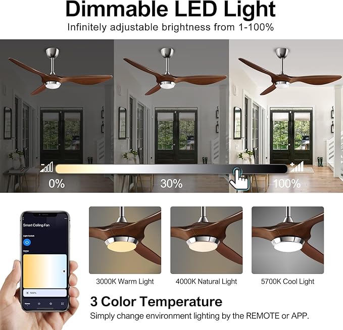 reiga 52 Inch ETL Listed High CFM Quiet DC Motor Smart Ceiling Fans with Lights Remote Control, Indoor 3 Blade Modern Ceiling Fan for Living Room Bedroom Farmhouse