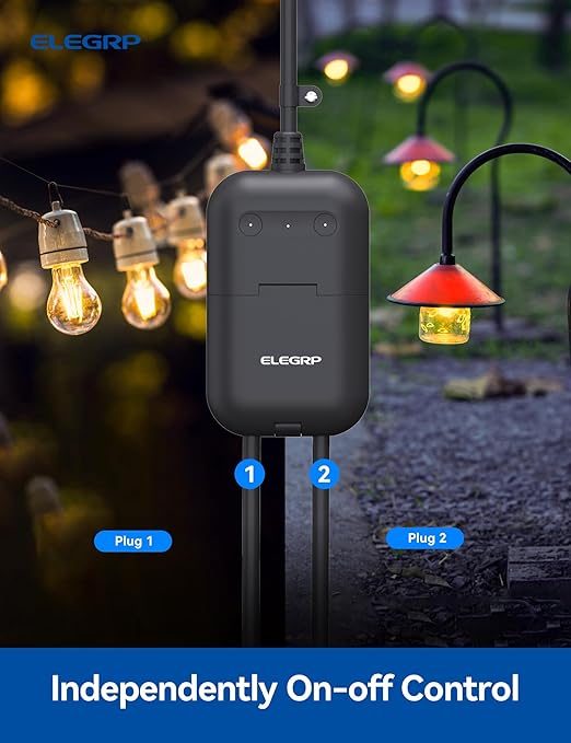 ELEGRP PQR20 Outdoor Smart Plug Waterproof IP66, WiFi Plug with 2 Individually Sockets, Compatible with Alexa & Google Assistant, Smart Outdoor Outlet for String Lights, UL Certified, 1 Pack, Black