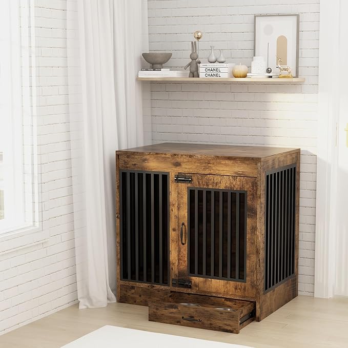 Rustic Brown Heavy Duty Furniture Dog Crate, Wood and Metal Kennel Cage, Pet House End Table with Drawer and Pull-Out Design, Dog Home for Indoor use, Medium Size
