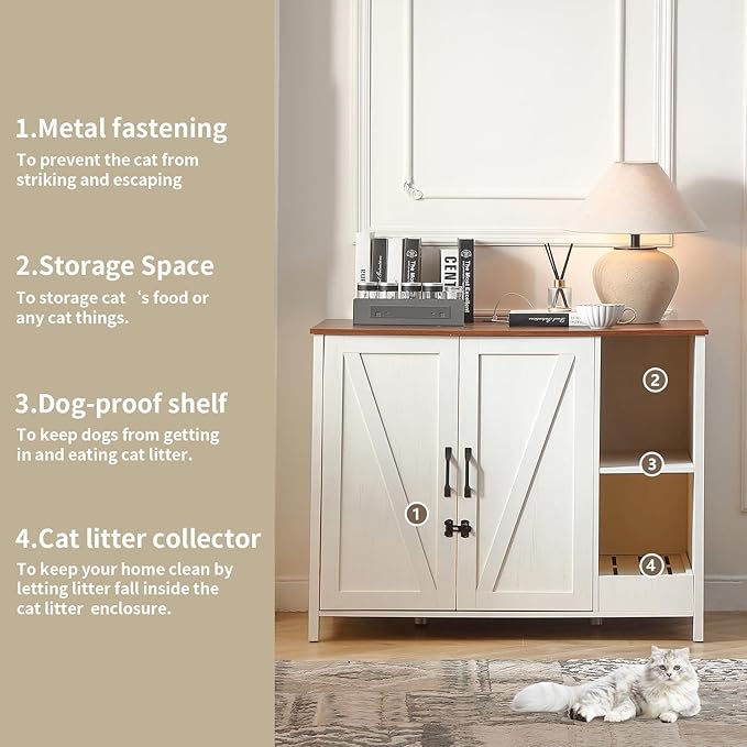 Large Cat Litter Enclosure with Litter Collector, Enclosure for self-Cleaning Litter Boxes,Adjustable Shelf for Dog Proof,Charging Station,Locks Added for cat,Cat House,Antique White