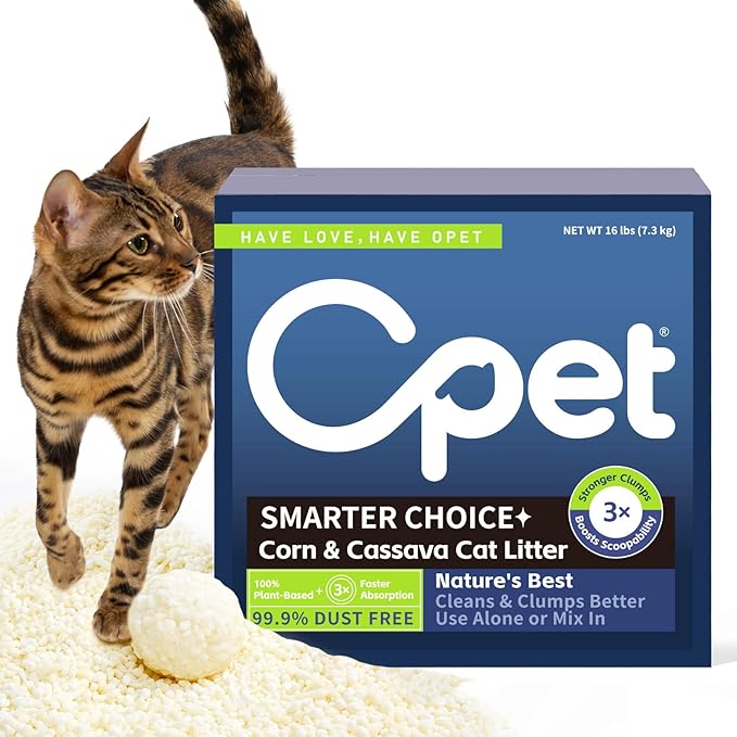 OPET Tapioca Cat Litter, Natural Corn & Cassava Sustainable Ingredients, Quick and Strong Clumping, Flushable, Superior Odor Control, 99.9% Dust Free Kitty Litter 16LB