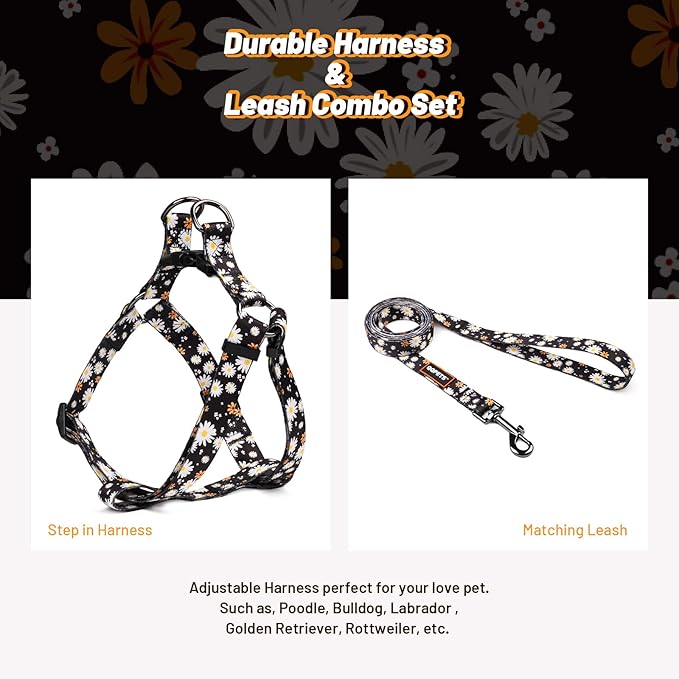 QQPETS Dog Harness Leash Set Adjustable Heavy Duty No Pull Halter Harnesses for Small Medium Large Breed Dogs Back Clip Anti-Twist Perfect for Walking (L(23"-32" Chest Girth), White Daisy)