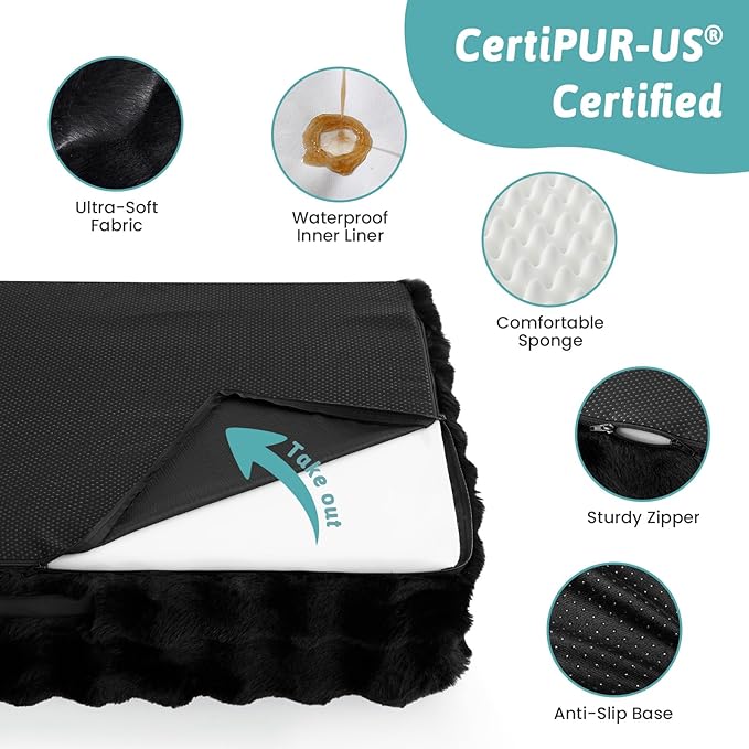 Orthopedic Dog Bed for Medium Small Size Dog, Soft and Warm Faux Fur Sofa for Pet Up to 40 lbs, Foam Bolster Anti-Slip Couch with Washable Removable Cover, M 30x20x6.5 inch, Black