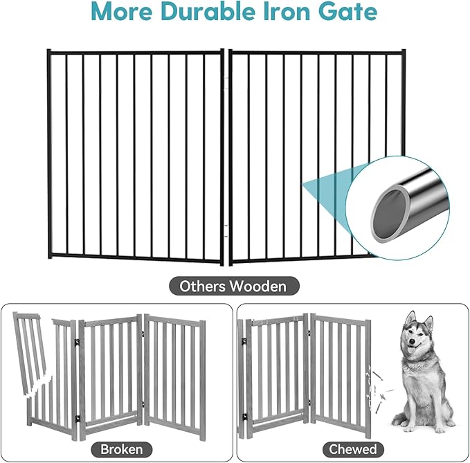 No Pawblems Free Standing Dog Gate with Door, 30'' Tall Foldable Dog Fence for Indoor & Outdoor, Up to 208 Inch Extra Wide Puppy Gate for Stairs, Hallways, Doorways, Deck, Yard (Black, 8 Panels)