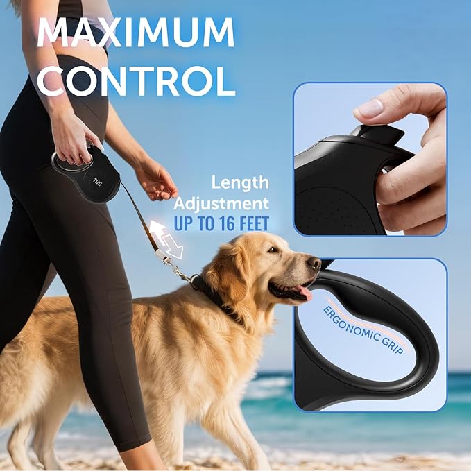 TUG Quest Retractable Dog Leash | 360° Tangle-Free Retraction | 16 ft Strong Nylon Tape (Large, Black)