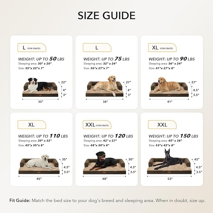 Orthopedic Dog Beds for Extra Large Dogs, Waterproof Egg Crate Foam XL Dog Bed with Sides 45x35Inch, Big Dogs Couch Beds with Removable Washable Cover and Nonskid Bottom, Brown