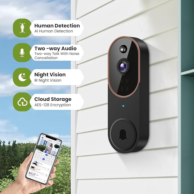 1080P Wireless Video Doorbell Camera, Smart Outdoor Surveillance Cam, FHD Live View, Cloud Storage, AI Human Detection, Night Vision, Two Way Audio, Instant Alert (Brown)
