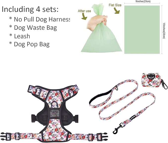 Petmolico No Pull Dog Harness Set with Leash Attachment Easy Control Handle Reflective Harness Vest Small Breed, Puppy Vest and Leash Set with Poop Bag Holder, Medium - White Rose