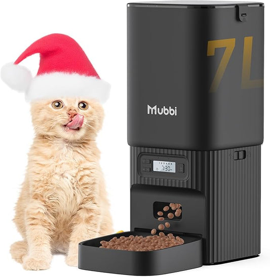 Automatic Cat Feeder, 7L/29 Cups Automatic Dog Feeder with Desiccant Bag, 1-6 Meals Ideal for 2-15mm Dry Food, Suitble for Multiple Pets, Dual Power Supply, Detachable Washable, Black