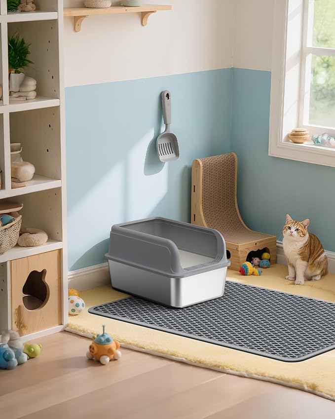 Cat Litter Mat - 30" x 24" Large Litter Box Mat with Double Layers, Urine-Proof and Non-Slip Litter Trapping Mat, Easy to Clean Kitty Litter Mats for Floor, Scatter Control, Grey
