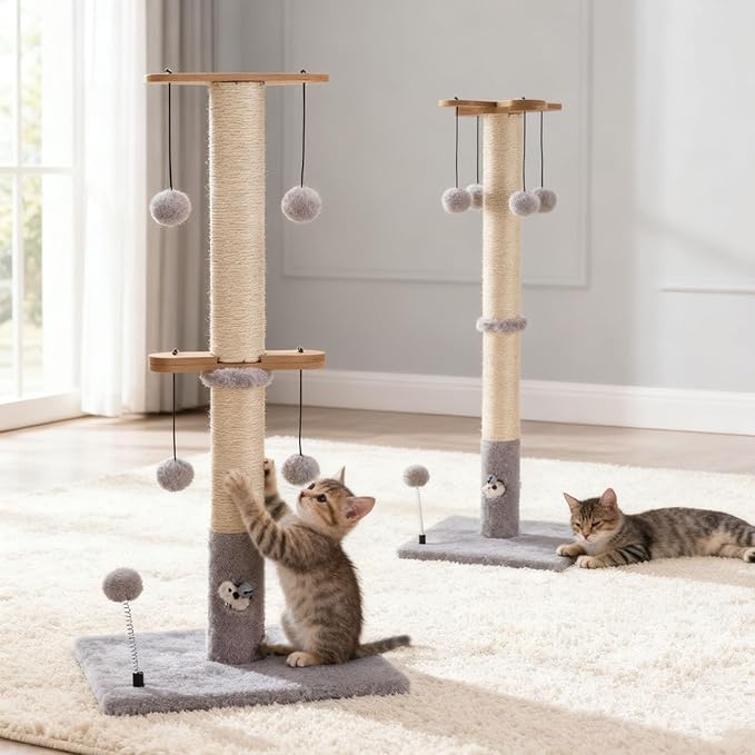 PAWSFANS Cat Scratching Post for Indoor Cats and Kittens,30inches Tall Sisal Scratch Posts with Four Hanging Ball Toys and Reinforce The Stable Base Gray