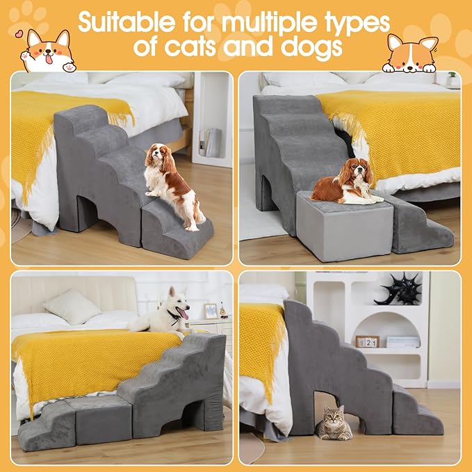A.FATI Dog Stairs for High Beds up to 30-36 Inch, 6 Tiers Dog Steps, Pet Stairs Adjust to Left Side of Bed, Non-Slip Dog Ramp for Small Dogs and Old Pets