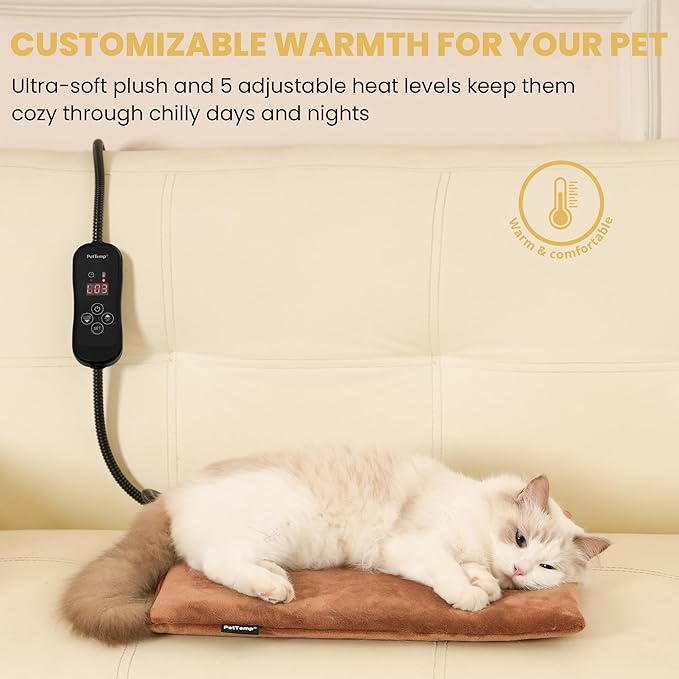 Cat Heating Pad, Heated Cat Bed with 5 Heat Levels, Timer & Auto Shut-Off, Waterproof Warmer with Thick Fleece Cover, Chew-Resistant Cord, for Indoor & Sheltered Outdoor Use, 16" x 13"