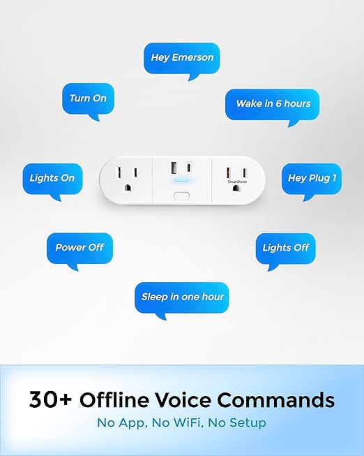 Emerson SmartVoice 4-in-1 Wall Plug, Offline 30+ Voice Control Commands, No APP, No WiFi, No Setup, Smart Outlet w/ 2 AC Outlets, USB-A & USB-C Ports, Sleep & Wake Timer, ETL