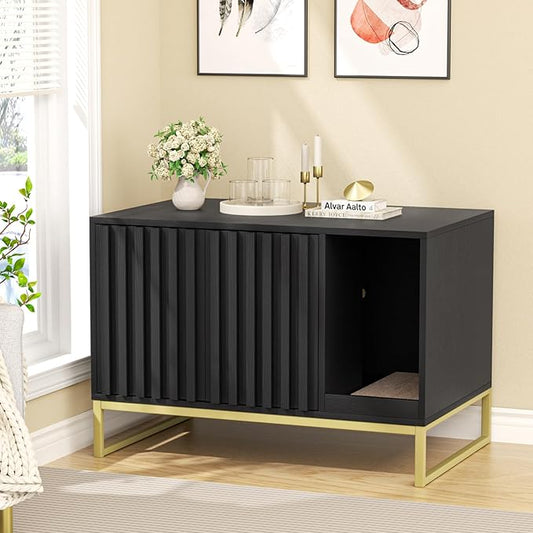 Litter Box Enclosure, Modern Cat Litter Box Furniture Hidden Litter Box with Scratch Pad, Cat Washroom House End Table, Entryway Bench for Livingroom (Black)