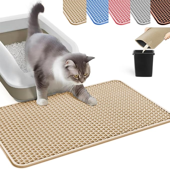 HCY&WLD Cat Litter Mat, Honeycomb Double Layer Cat Litter Trapping Mat, Waterproof Urine Proof Non-Slip, Scatter Control, Less Waste, Easier to Clean (Beige, 45" X 26")