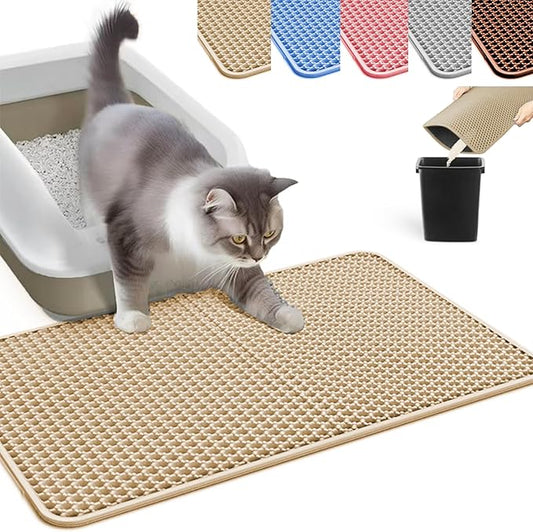HCY&WLD Cat Litter Mat, Honeycomb Double Layer Cat Litter Trapping Mat, Waterproof Urine Proof Non-Slip, Scatter Control, Less Waste, Easier to Clean (Beige, 35" X 24")