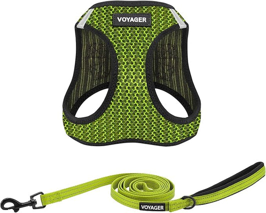 Voyager Step-in Air All Weather Mesh Harness and Reflective Dog 5 ft Leash Combo with Neoprene Handle, for Small, Medium and Large Breed Puppies by Best Pet Supplies - Lime Green (2-Tone), XS