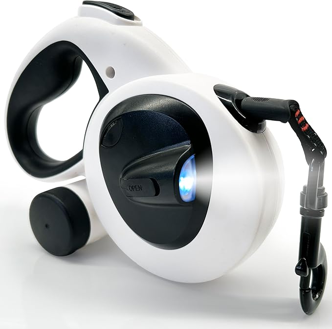 AVANTO Retractable Dog Leash with Flashlight, 16ft Heavy Duty LED Night Safety Leash for Dogs up to 110lbs – 360° Tangle-Free, USB Rechargeable Light, Waste Bag Dispenser, One-Hand Brake & Lock