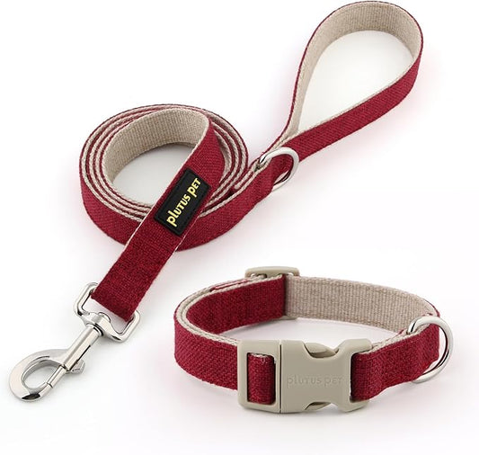 Plutus Pet Cotton Hemp Dog Collar and Leash Set, Adjustable Collar for Small, Medium, and Large Dogs, Heavy Duty and Soft on Skin, Red, M