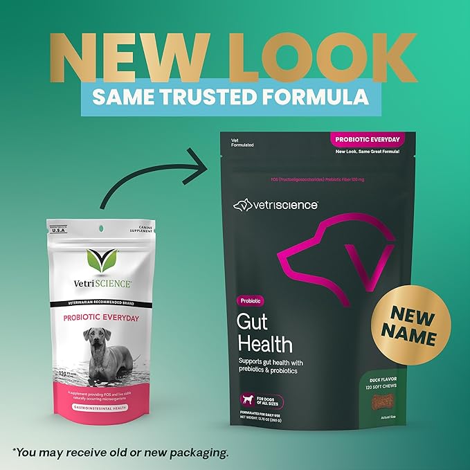 VetriScience Gut Health Chews, Probiotic Everyday Digestive Supplement for Dogs, Pet Probiotics for Digestion Support, Gas and Diarrhea, Immune Support, 1 Billion CFU Per Chew, Duck, 120 Count