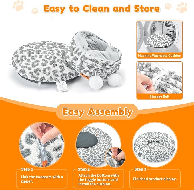 Cat Tunnel Bed for Indoor Cats 35.5 Inch XL Cat Donut Tunnels Cute Tubes Round Pet Play Tunnel Toy for Kitten Puppy Rabbit with Washable Circle Cushion Leopard Grey