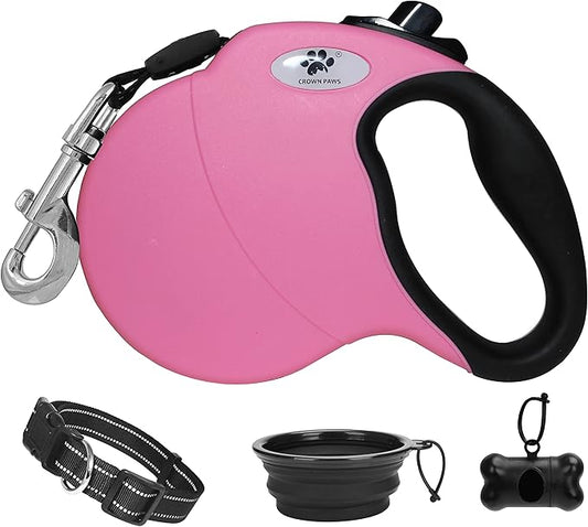 16 ft Retractable Dog Leash for Large Dogs up to 110 lbs,Tangle-Free Nylon Tape,Pink L