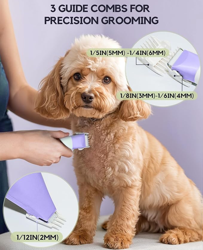 Dog Clippers Grooming Kit, 4 in 1 Quiet Cordless Dog Paw Trimmer & Nail Grinder, Small Cat Clippers Electric Rechargeable Low Noise Pet Shaver for Trimming Hair on Paw Eye Ear Face (Purple)