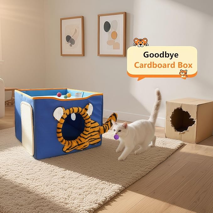 CWV Cat Houses for Indoor Cats, Cute Cat Cave Bed with Scratch Pad, Foldable Cat Cube for Multiple Large Cats, 17X17x13inch, Tiger Design