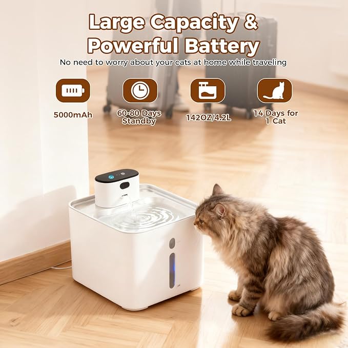 Cat Water Fountain Stainless Steel, 5000mAh Battery Operated Cat Fountain, 142oz/4.2L Wireless Water Fountains Indoor, Sensor and Timer Water Modes, Suitable for Cats and Small Dogs