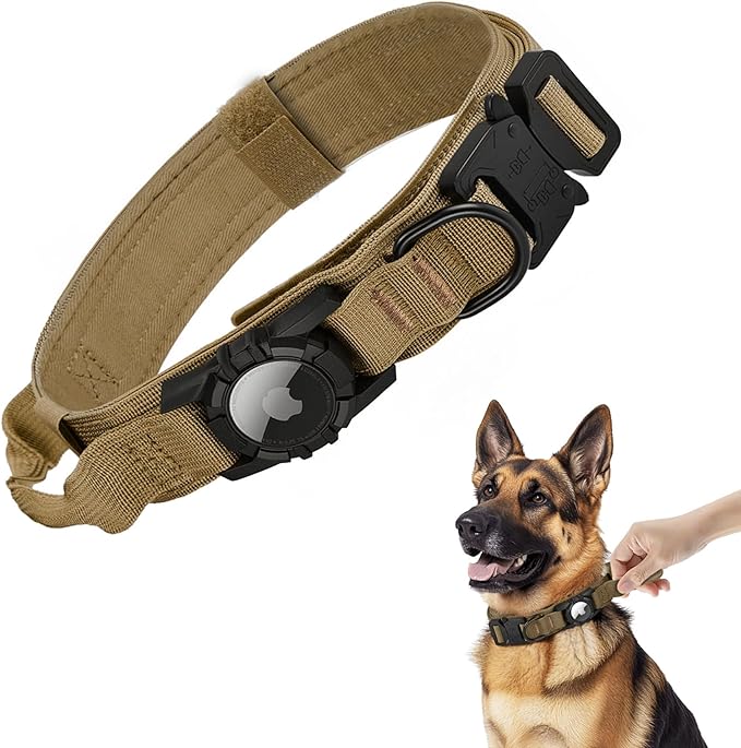 Tactical AirTag Dog Collar - Heavy Duty, Adjustable GPS Collar Compatible with Apple AirTag, with Holder & Control Handle for Medium/Large Dogs [ Brown, L ]
