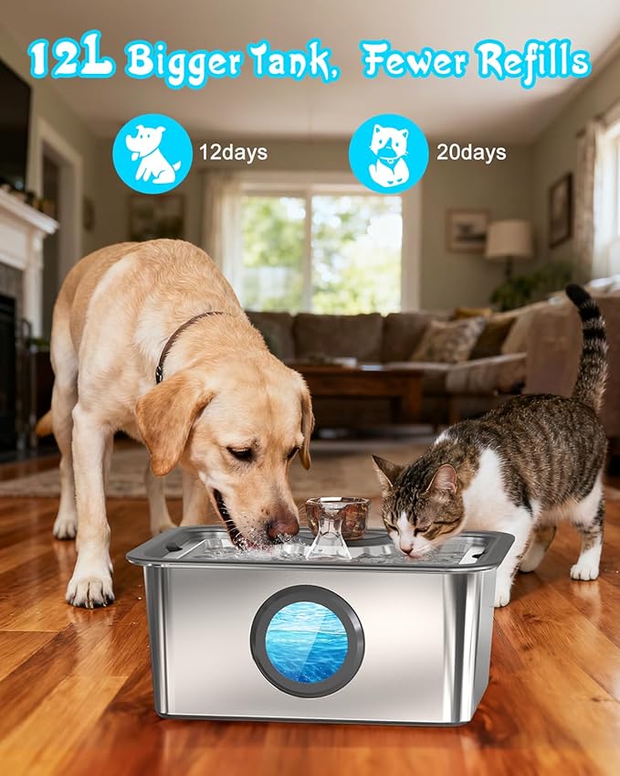 Stainless Steel Dog Water Fountain: 3-Gal Large Capacity, Ultra Quiet with Filter for Fresh Flow Water | Perfect for Large Breed Dogs& Multi-Pet Homes, 2m Long Power Cord for Indoor and Outdoor Use