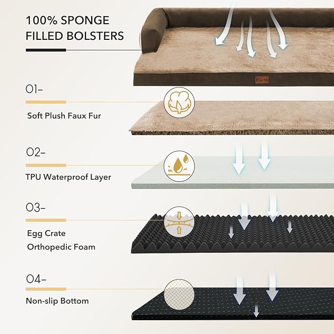 Orthopedic Dog Beds for Large Sized Dogs, Waterproof Egg Crate Foam Medium Dog Couch Beds for Crate 35x22Inch, Washable Pet Beds with Removable Cover and Nonskid Bottom, Brown