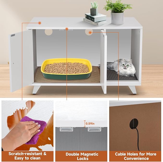 Cat Litter Box Enclosure, Hidden Litter Box Furniture Washroom Storage Cabinet, Modern Cat House with Scratche Pad (White)