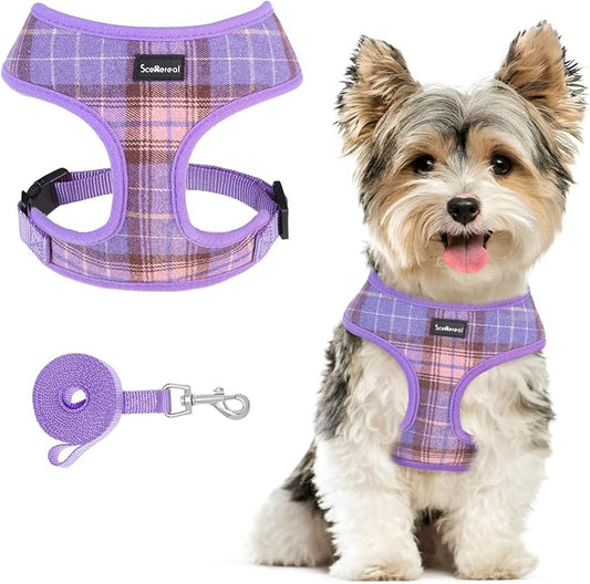 SCENEREAL Puppy Dog Harness with Leash Set for Small Medium Sized Dogs, Soft Mesh Step in Pet Harnesses and Leash, No Chock Plaid Adjustable No Pull Vest for Dogs Cats, Chihuahua,Bulldog (Purple XS)