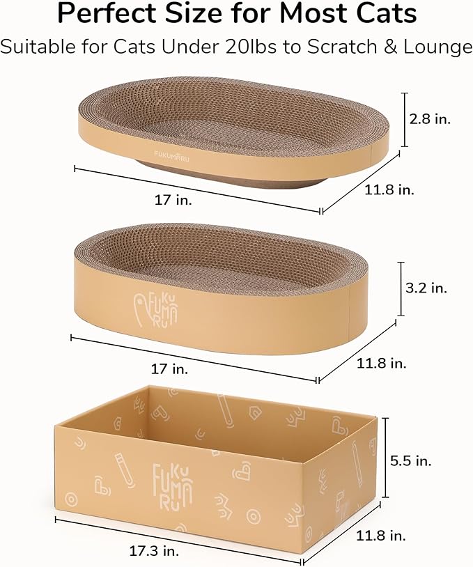 FUKUMARU 3PCS Cardboard Cat Scratcher Bed, Durable Oval Cat Scratch Bed Pads, Round Cats Scratching Board with Large Kitten Scratcher Box for Indoor Cats, Couch Sofa Furniture Protector