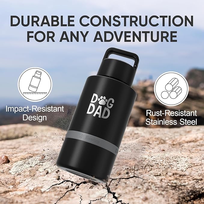 Dog Dad Gift, Insulated Dog Water Bottle with Travel Bowl, for DogLover, Portable Water Bottle Dispenser, Accessories for Car, Hiking, Camping, Outdoor, Leak-Proof, Detachable (DogDad-Black)