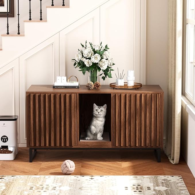 Double Litter Box Enclosure,Modern Cat Litter Box Enclosure for 2 Cats, Hidden Litter Box with Cat Scratch Pad, Cat Washroom Cat House End Table, Entryway Bench for Livingroom (Brown)