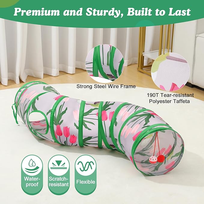 Pawaboo Cat Tunnel, S-Shaped Cat Tube Tunnel 25 * 97cm(9.8''*38.2'') with Balls and Bells, Collapsible Portable Kitten Play Tent Toy Interactive Cats House with Peep Holes for Kitty, Tulip & Bird