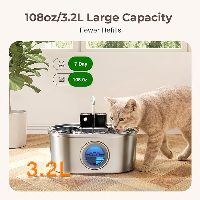 PEKTACO Wireless Cat Water Fountain Stainless Steel, 108oz/3.2L Cordless Battery Operated Pet Water Fountain for Cats Indoor with Quiet Pump, Easy Clean, BPA-Free(3 Filters)